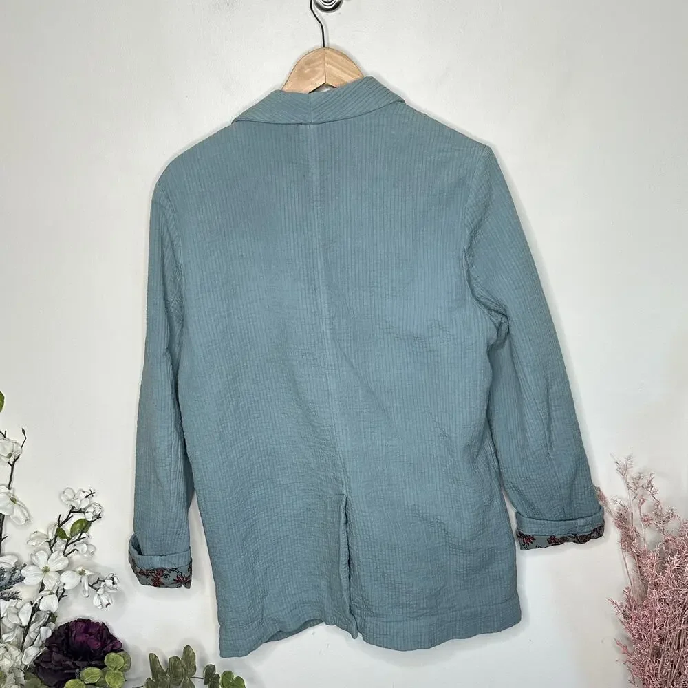 FREE PEOPLE Rowan Double Breasted Gauze Oversized Blazer Sage Blue Sz M {P28}